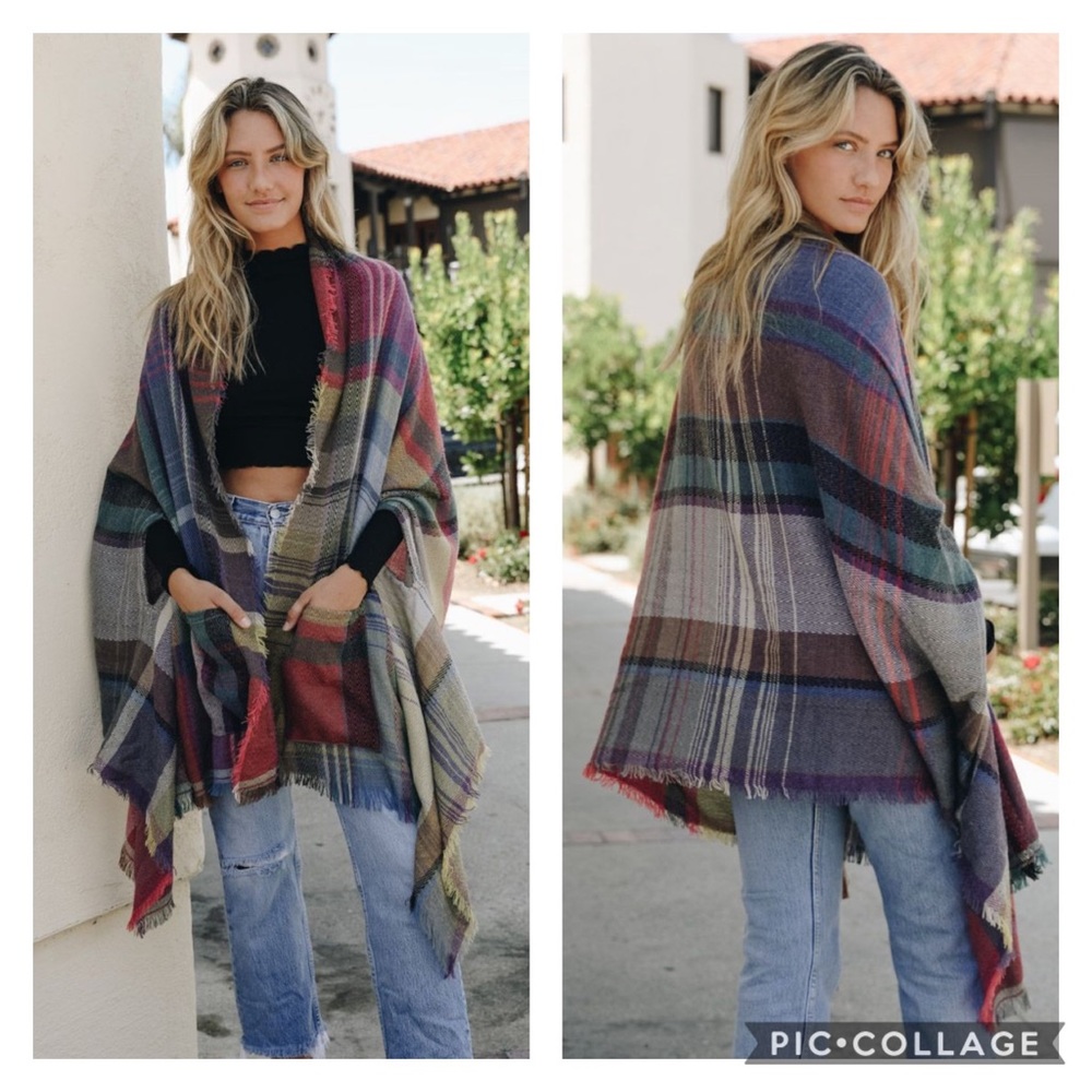 ❄️WINTER SALE❄️ Fuchsia plaid pocket ruana - Picture 3 of 5